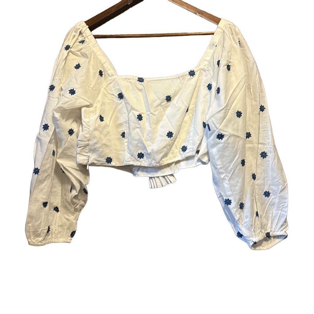 Floral Embroidered Crop Top Tie Front Long Sleeve Blouse - Picture 9 of 9